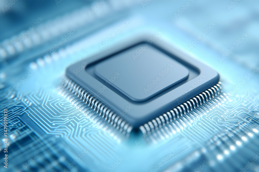 Poster a close-up view of a microchip on a blue printed circuit board, highlighting intricate electronic co