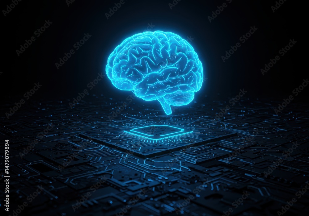 Aufkleber glowing brain hovers above a complex computer circuit board in a dark environment
