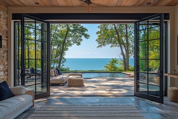 Fototapeta premium Open glass door leading to patio of a modern farmhouse with trees and Lake Michigan in the background.