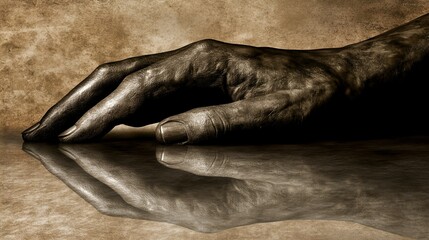 Reflective Hand Dramatic Sepia Tone Artistic Still Life Photography Image old dark skin nail mood