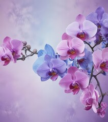 Naklejka premium Delicate blue watercolor wash background features vibrant Phalaenopsis orchids in various shades of purple and pink , orchid, bloom