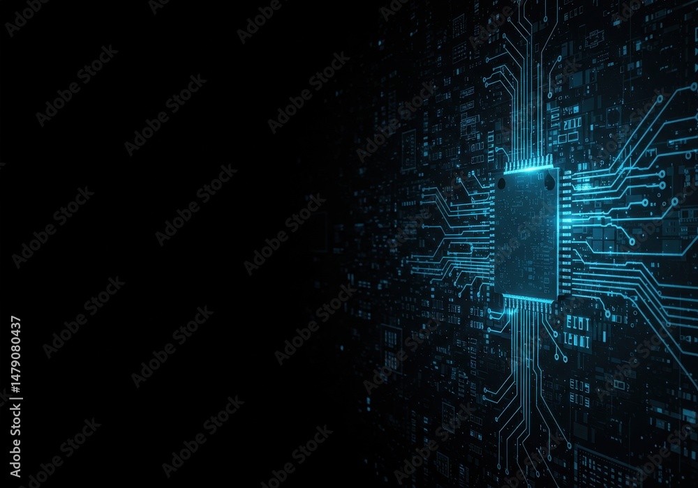 Poster close up of a glowing blue microchip and circuit board on a dark background