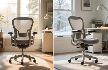 Ergonomic Office Chair in Contrasting Seasonal Lighting: Warm Sunlight versus Cool Snowy Day Workspace Comparison