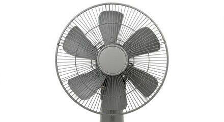 Close-up of a modern gray oscillating fan with blades and protective cage.
