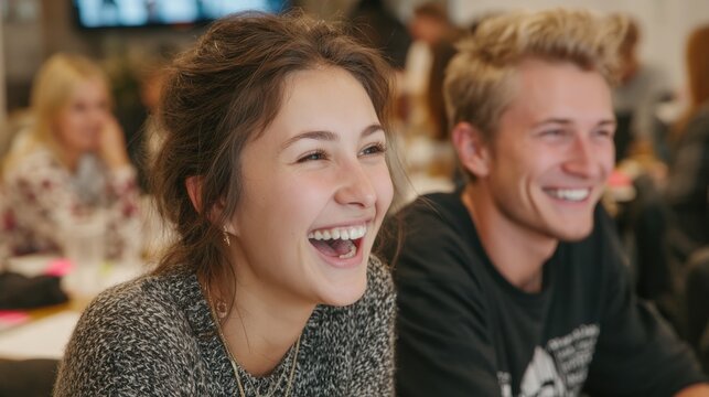 Team laughing during engaging workshop activity in coworking space