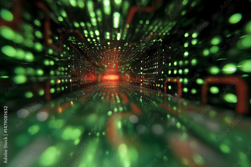 Poster a close-up, abstract view of a green and red illuminated electronic circuit board, creating a tunnel