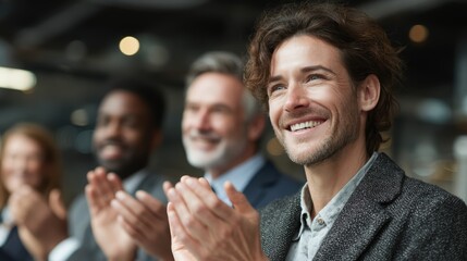 Employees clapping for colleague is successful presentation delivery