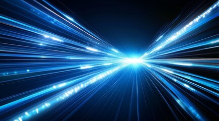 Abstract representation of speed and motion with blue light trails converging towards a bright central point