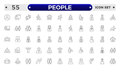 People outline icon set. Containing group, family, human, team, community, friends, population and senior icons.