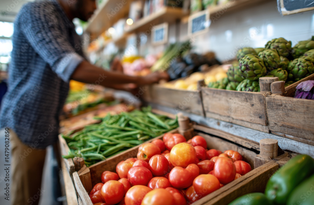 Poster a person shops for fresh produce at a local farmers market, selecting ripe tomatoes from wooden crat
