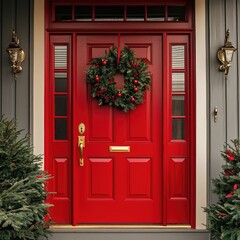 Red double doors decorated with pine garlands, baubles, and wreaths with lights, framed by stone walls and flanked by evergreen shrubs. Generative by AI.