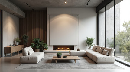 Fototapeta premium A 3D render of a modern industrial living room with minimalist furniture and smart home integration, captured in photorealistic style.