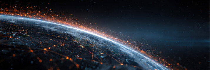 Global network connections visualized as glowing lines and nodes over a detailed earth at night, showcasing digital communication and data transfer across continents. : Generative AI