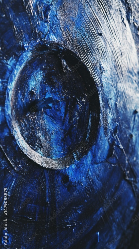 Poster dark blue abstract art close up showing texture and brushstrokes in a circular design with light and