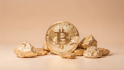 A Shiny Golden Bitcoin Coin Stands Tall In The Center Of A Futuristic Field