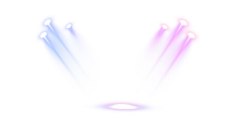 Vector stage lighting with LED strobe effects - blank performance background with laser light stitches and coloured spotlights, concert or club event illustration on transparent
