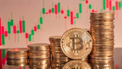 A Stack Of Shiny Gold Bitcoin Coins In Focus With Dark Background