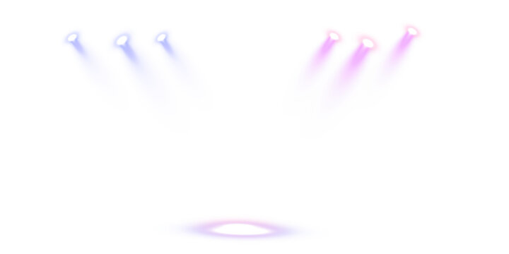 Vector stage lighting with LED strobe effects - blank performance background with laser light stitches and coloured spotlights, concert or club event illustration on transparent
