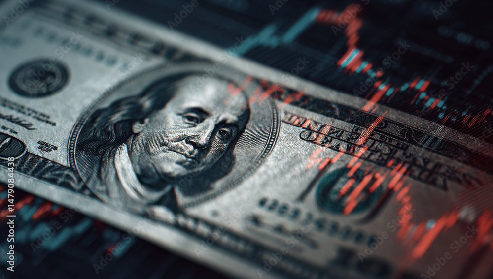 Aufkleber close-up view of a hundred dollar bill overlaid with a red and teal stock market graph showing a dow