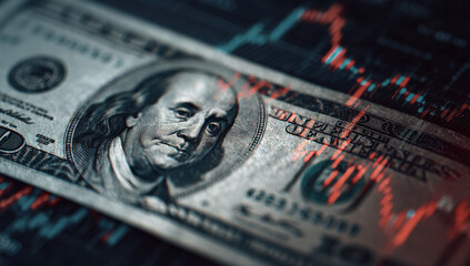 Close-up view of a hundred dollar bill overlaid with a red and teal stock market graph showing a downward trend, symbolizing financial decline or economic downturn. : Generative AI