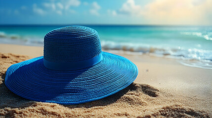 Blue sun hat on sandy beach summer vacation travel and tourism