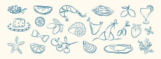 Italian summer set. Hand drawn doodle greek seafood, coast sea elements for placard, Italy menu, poster. Coastal Greece foods, oyster, olive, lemon, shell, shrimps, fish, tomato. Ink vector illustrati