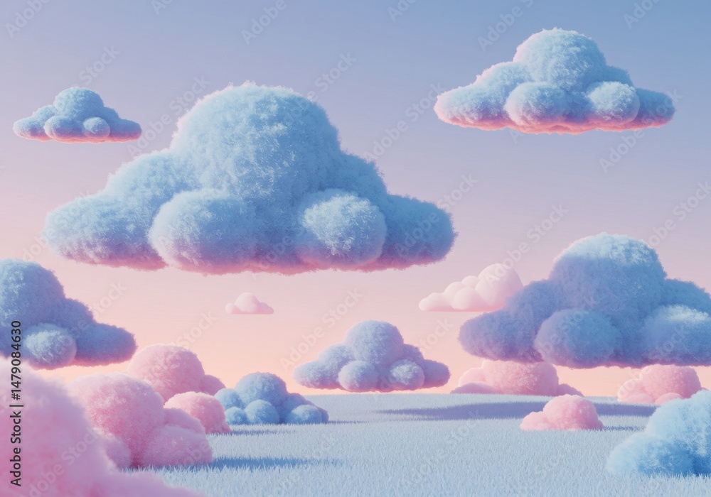 Poster fluffy pastel clouds float above a soft textured landscape with gentle shadows and a dreamy horizon