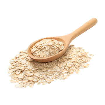 Fresh rolled oats in wooden spoon, showcasing natural texture and color, perfect for healthy meals and snacks, isolated on transparent background