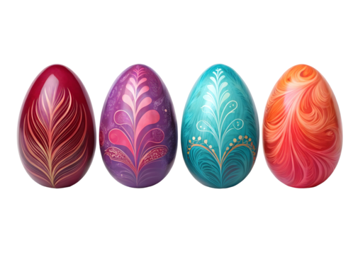 Four beautifully decorated easter eggs with ornate designs on a black background