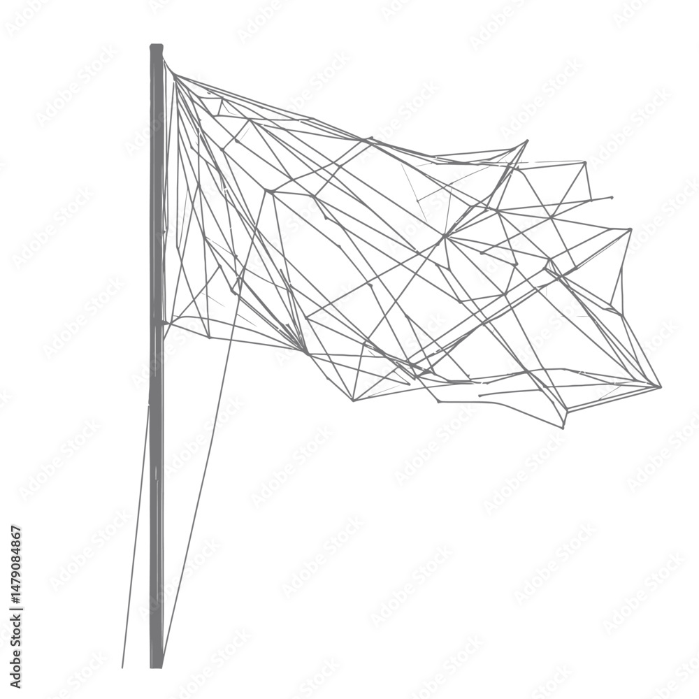Poster abstract low poly wireframe flag on pole with geometric connected lines and nodes in minimalist blac
