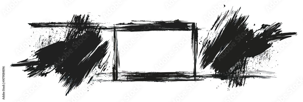 Aufkleber abstract black grunge brush stroke frame with rough textured edges and splatter effect, isolated han
