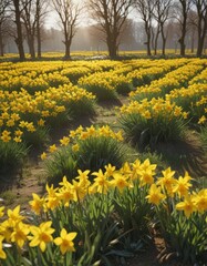 Obraz premium Sunny field ablaze with vibrant yellow daffodils, springtime bloom , countryside, flora