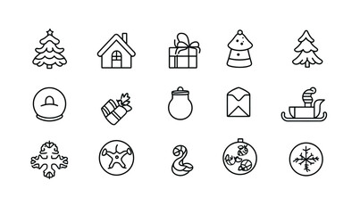 Minimalist line art Christmas icons collection featuring tree, house, gift box, Santa hat, snow globe, candy cane, ornament, sleigh, snowflake vector symbols set