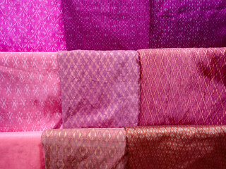Handwoven fabric patterns and handwoven silk patterns of Thai people. Native fabric pattern, Praewa silk, Kalasin, handwoven products of the people of Isan, Thailand