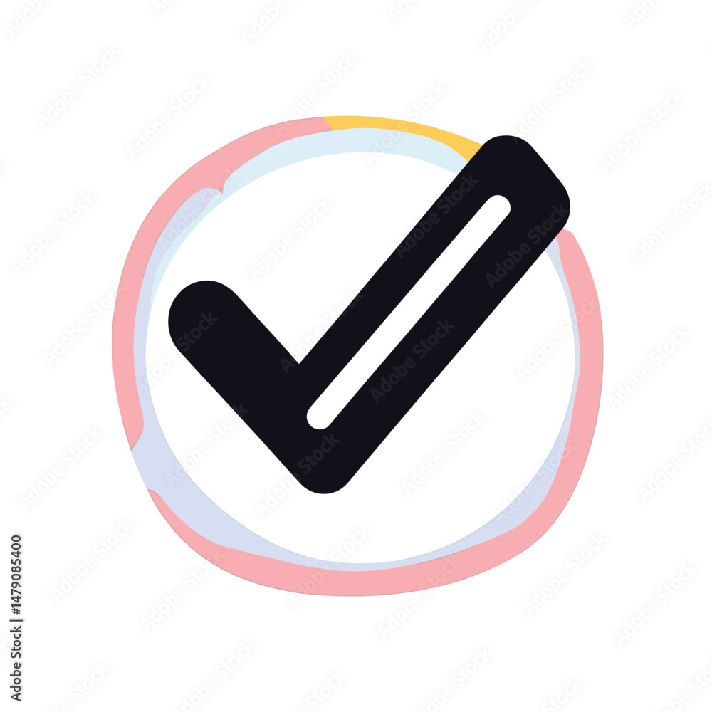 Poster black checkmark icon inside multicolor abstract circular outline symbolizing approval confirmation v