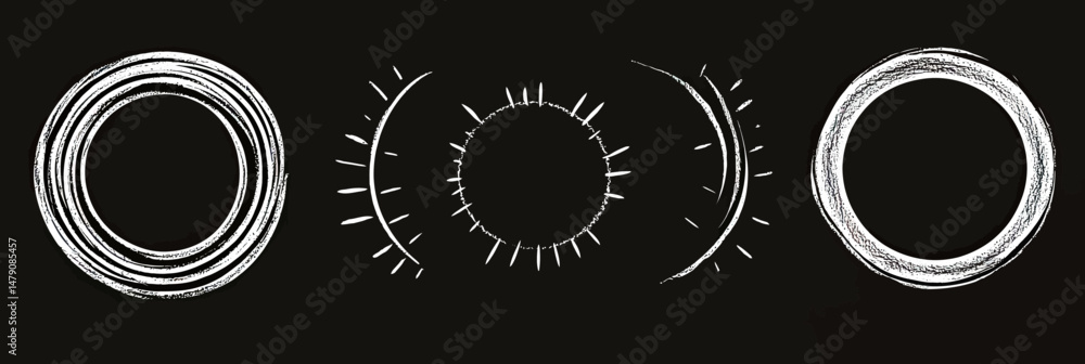 Poster chalkboard style hand drawn white circle frame and decorative sunburst lines set with rustic grunge 