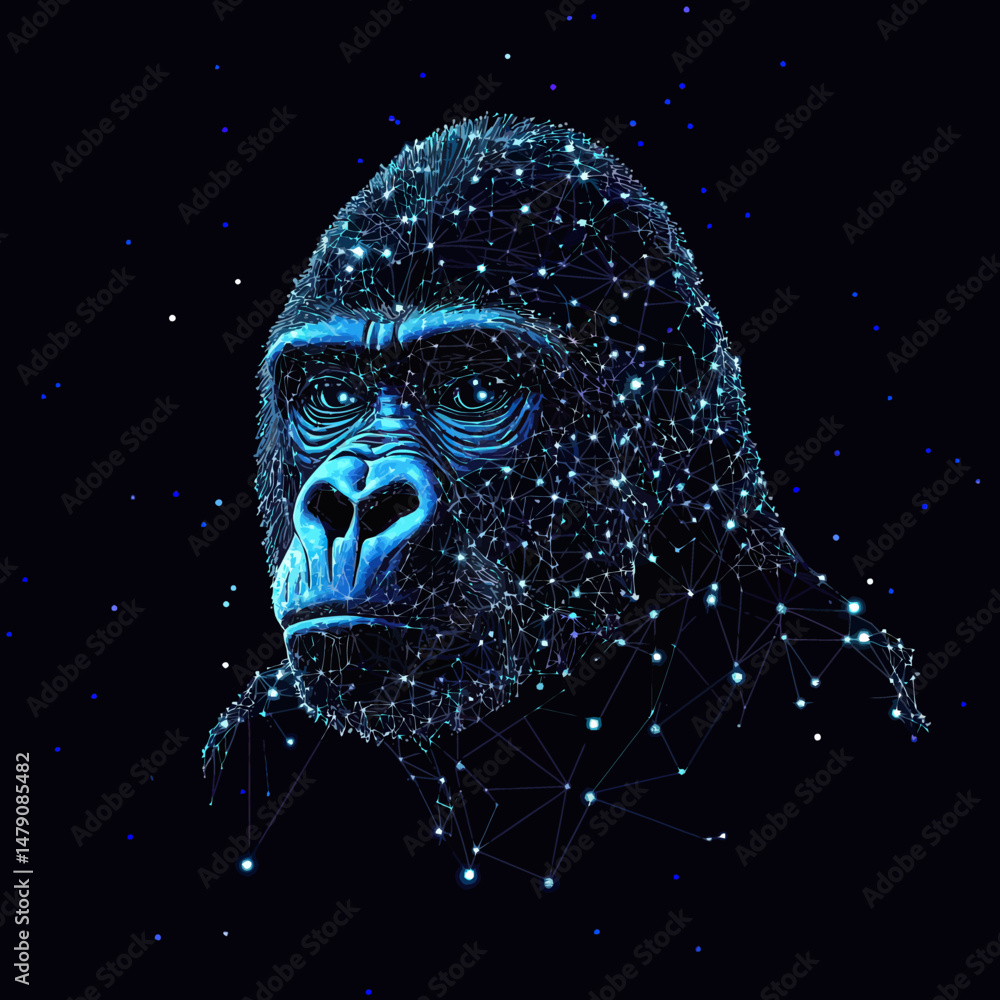 Poster digital wireframe gorilla head composed of glowing blue network nodes and lines on dark background w