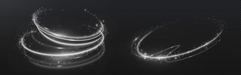 Magic white light swirls set isolated on transparent background. Vector realistic illustration of sparkling silver spiral lines glowing in darkness, fantasy shimmering vortex, Christmas miracle effect