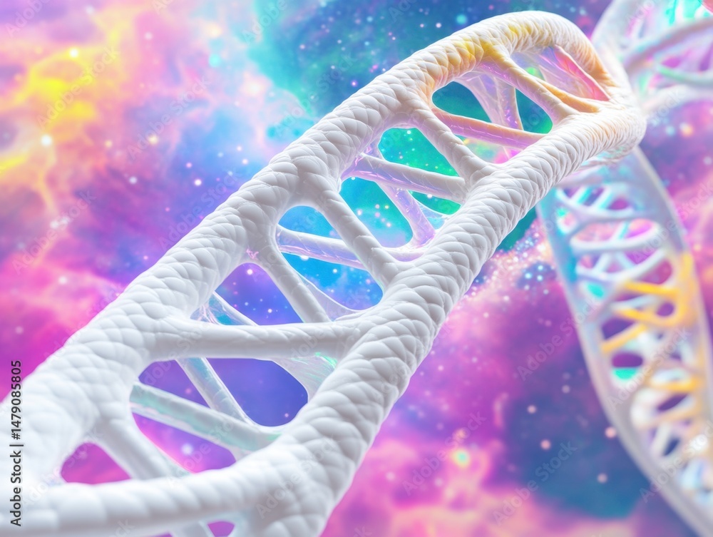 Poster dna strand close up on colorful nebula background science illustration genetic research concept abst