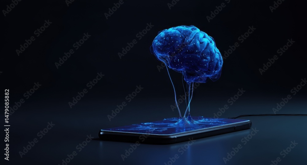 Poster digital brain graphic displayed on a modern mobile device.