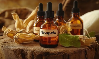Ashwagandha Herbal Extract Bottles on Wood with Flowers and Green Leaves
