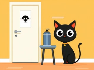 Cute Black Cat Near Hand Sanitizer and Biohazard Symbol
