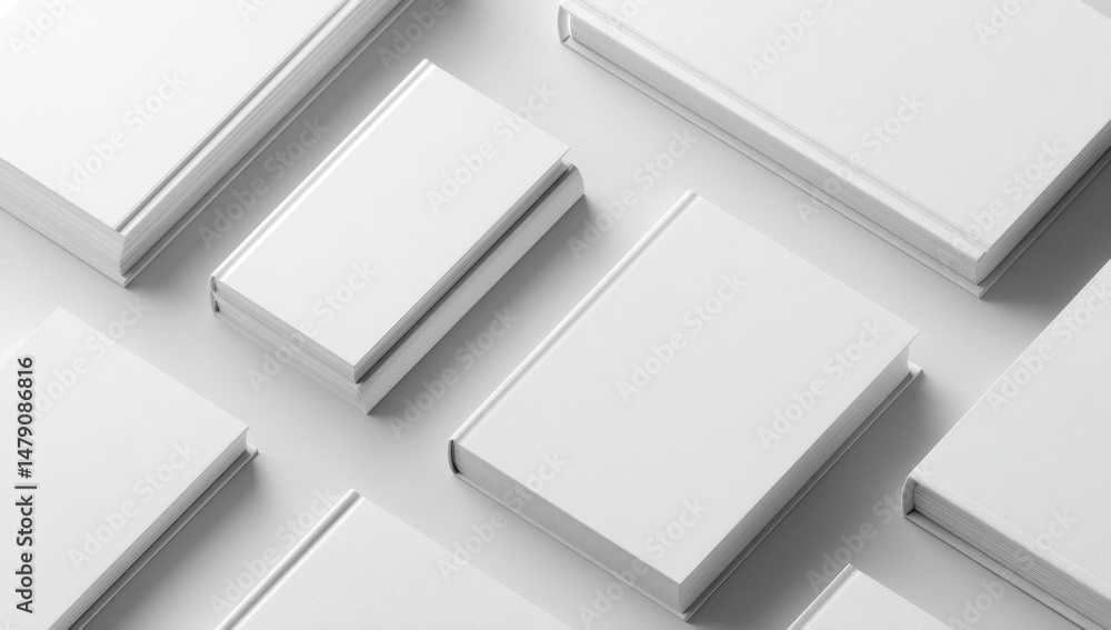Poster Multiple blank hardcover books arranged on a light gray surface, showcasing various sizes and angles for design mockups or publishing projects. : Generative AI