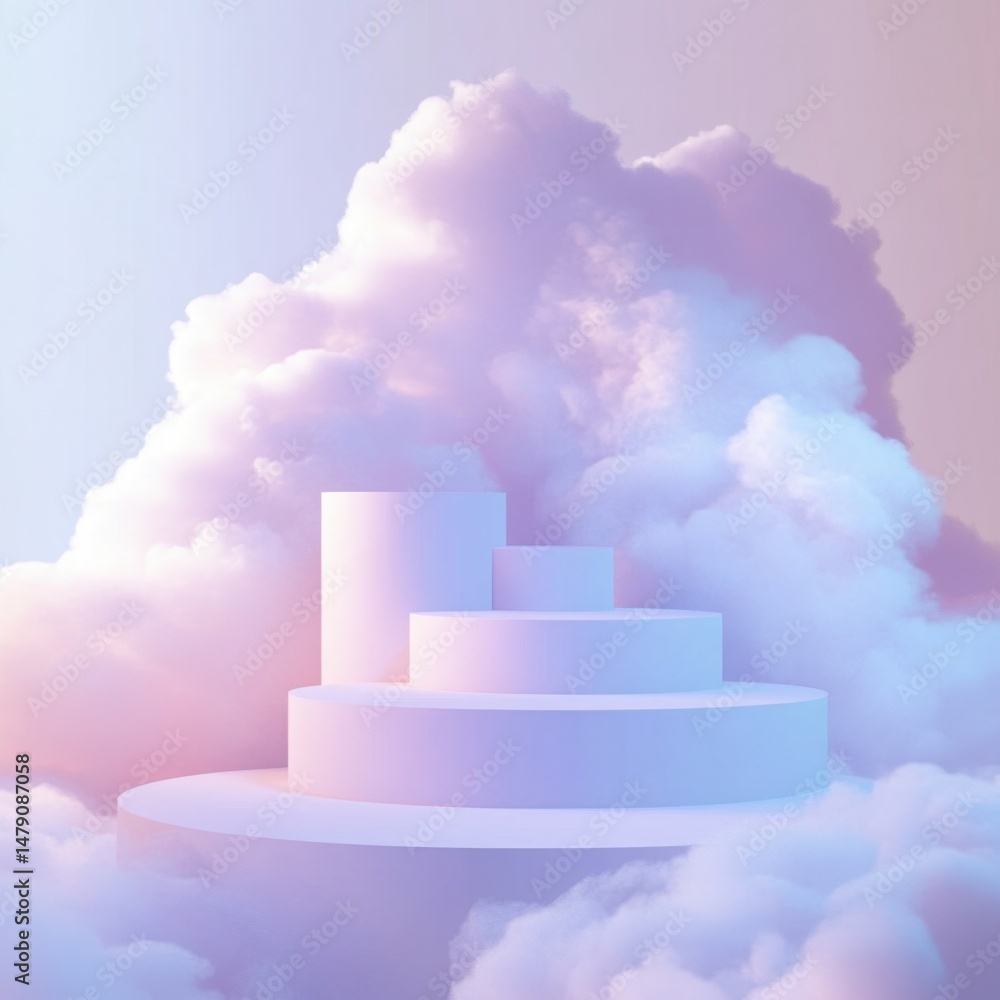 Poster podium display in pastel clouds presentation stage for product placement abstract minimal studio sho