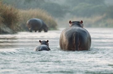 Fototapeta premium A hippopotamus mother and calf walk through a river, another hippopotamus is visible in the background, showcasing a serene wildlife scene. : Generative AI