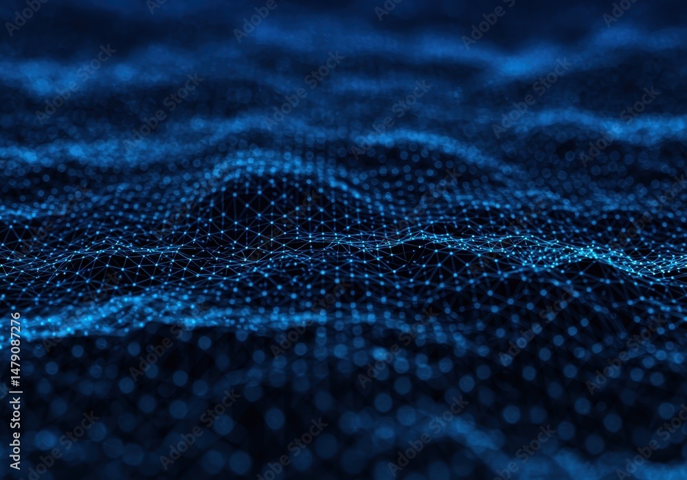 Poster abstract blue network of connected dots and lines creates a futuristic design