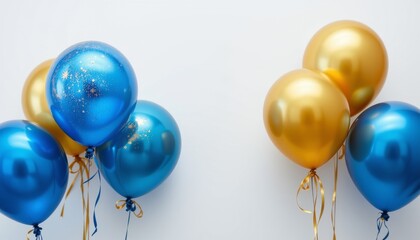 concept: blue and gold balloons with metallic texture and a ribbon tied at home one on white isolated background