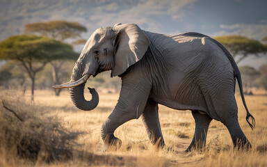 Fototapeta premium Side view of an elephant walking with a raised trunk, detailed wrinkles and tusks