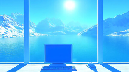 Fototapeta premium Serene winter landscape view from office window computer screen
