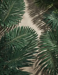 Deep emerald palm leaves, intricate veins, shadows play across surface ,  shadow,  rich,  tropical